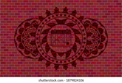 calendar icon inside red brick wall realistic badge. Tiles delicate background. Vector illustration. 