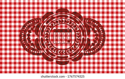 calendar icon inside red checkered tablecloth emblem. Restaurant graceful background. Vector illustration. 