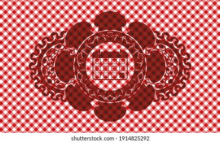 calendar icon inside red checkered tablecloth emblem. Restaurant graceful background. Illustration. 