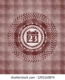 calendar icon inside red emblem or badge with abstract geometric polygonal pattern background. Seamless.