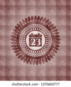 calendar icon inside red emblem or badge with geometric pattern background. Seamless.