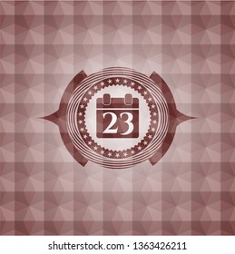 calendar icon inside red seamless emblem with geometric pattern background.