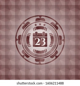 calendar icon inside red seamless emblem or badge with geometric pattern background.