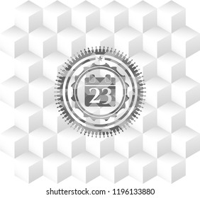 calendar icon inside retro style grey emblem with geometric cube white background