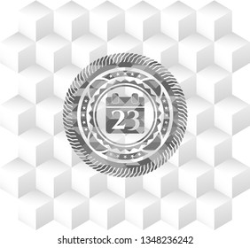 calendar icon inside retro style grey emblem with geometric cube white background