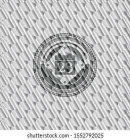 calendar icon inside shiny silver badge. Scales pattern. Vector Illustration. Detailed.