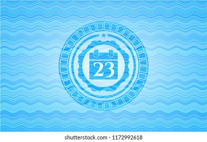 calendar icon inside sky blue water wave emblem.