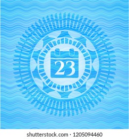 calendar icon inside sky blue water wave emblem.