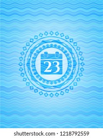 calendar icon inside sky blue water wave style emblem.