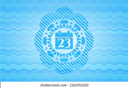 calendar icon inside sky blue water wave emblem.