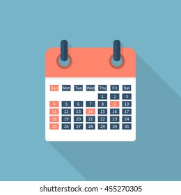 Calendar icon isolated with long shadow. Flat design style, vector illustration.