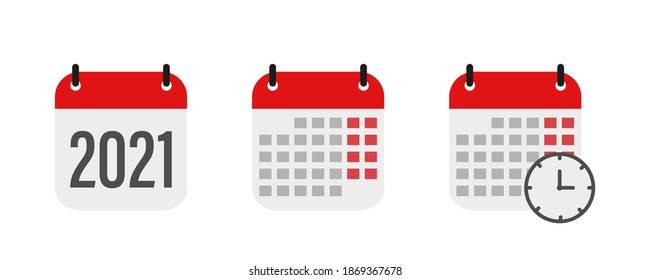 Calendar icon isolated on white background. Calendar with time clock. 2021 year . Vector illustration. 10 eps