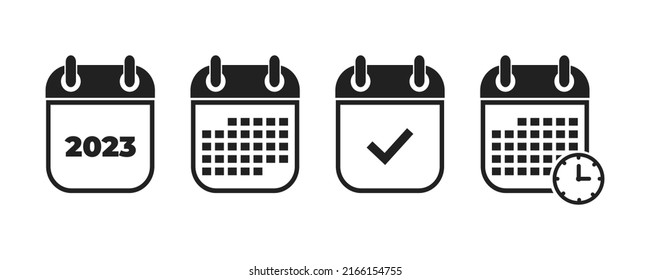 Calendar icon isolated on white background. Calendar with time clock. 2023 year . Vector illustration. 10 eps