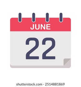 Calendar icon isolated on white background. Calendar icon with specific day. 22 June calendar. June calendar vector Illustration.