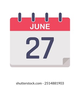 Calendar icon isolated on white background. Calendar icon with specific day. 27 June calendar. June calendar vector Illustration.