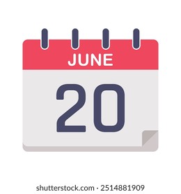Calendar icon isolated on white background. Calendar icon with specific day. 20 June calendar. June calendar vector Illustration.