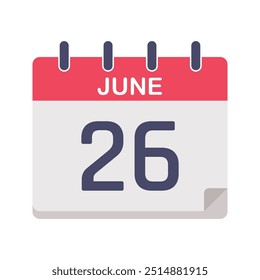 Calendar icon isolated on white background. Calendar icon with specific day. 26 June calendar. June calendar vector Illustration.