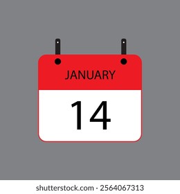 Calendar icon with January 14 date on grey background. Vector schedule symbol.