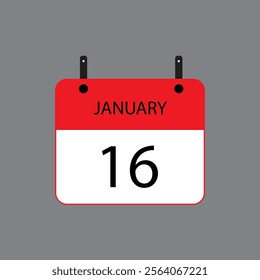 Calendar icon with January 16 date on grey background. Vector schedule symbol.