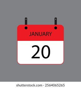 Calendar icon with January 20 date on grey background. Vector schedule symbol.