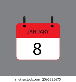 Calendar icon with January 8 date on grey background. Vector schedule symbol.