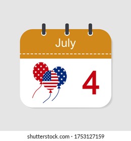 Calendar Icon. July 4th Independence Day of United States of America. Vector illustration