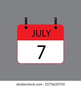 Calendar icon with July 7 date on grey background. Vector schedule symbol.