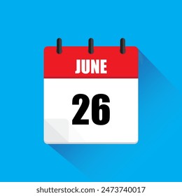 Calendar icon June. Red header June. Date number twenty six. Blue background.