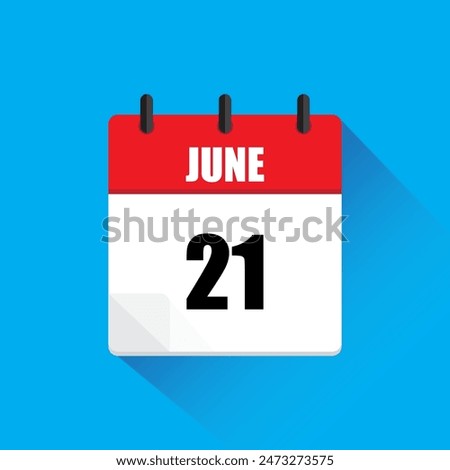 Calendar icon June. Red header June. Date number twenty one. Blue background.