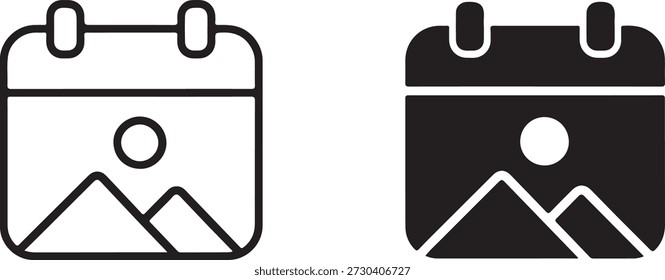 Calendar icon with a landscape picture representing a scheduled event or media upload isolated on white background, illustration