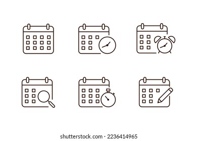 Calendar icon line vector design collection, calendar, alarm clock, clock, magnifying glass, pen, looking for schedule