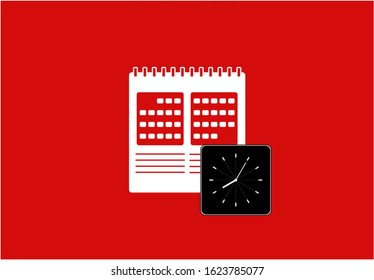Calendar icon linear with clock illustration vector in red background. This calendar icon linear vector has one calendar icon. This calendar icon consists of a calendars icons and clock illustration.