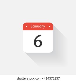 Calendar Icon with long shadow. Flat style. Date,day and month. Reminder. Vector illustration. Organizer application, app symbol. Ui. User interface sign. January.6