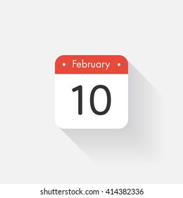 Calendar Icon with long shadow. Flat style. Date,day and month. Reminder. Vector illustration. Organizer application, app symbol. Ui. User interface sign. February.10