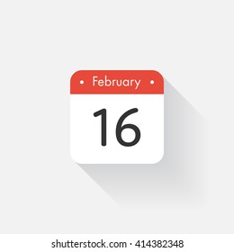 Calendar Icon with long shadow. Flat style. Date,day and month. Reminder. Vector illustration. Organizer application, app symbol. Ui. User interface sign. February.16