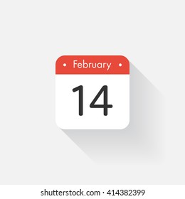 Calendar Icon with long shadow. Flat style. Date,day and month. Reminder. Vector illustration. Organizer application, app symbol. Ui. User interface sign. February.14