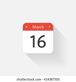 Calendar Icon with long shadow. Flat style. Date,day and month. Reminder. Vector illustration. Organizer application, app symbol. Ui. User interface sign. March.16