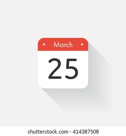 Calendar Icon with long shadow. Flat style. Date,day and month. Reminder. Vector illustration. Organizer application, app symbol. Ui. User interface sign. March.25