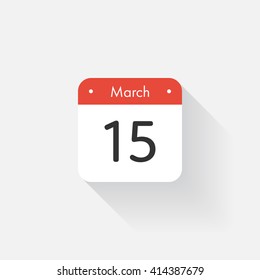 Calendar Icon with long shadow. Flat style. Date,day and month. Reminder. Vector illustration. Organizer application, app symbol. Ui. User interface sign. March.15