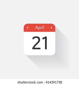 Calendar Icon with long shadow. Flat style. Date,day and month. Reminder. Vector illustration. Organizer application, app symbol. Ui. User interface sign. April. 21