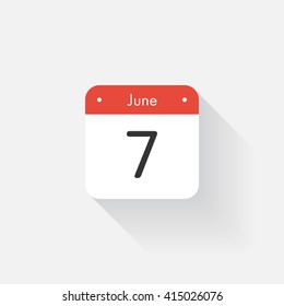 Calendar Icon with long shadow. Flat style. Date,day and month. Reminder. Vector illustration. Organizer application, app symbol. Ui. User interface sign. June. 7