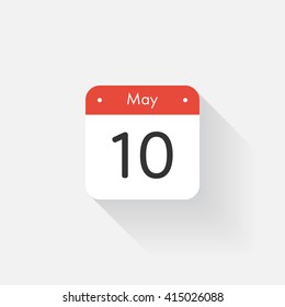 Calendar Icon with long shadow. Flat style. Date,day and month. Reminder. Vector illustration. Organizer application, app symbol. Ui. User interface sign. May. 10