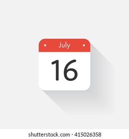 Calendar Icon with long shadow. Flat style. Date,day and month. Reminder. Vector illustration. Organizer application, app symbol. Ui. User interface sign. July. 16