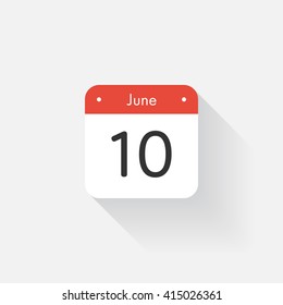 Calendar Icon with long shadow. Flat style. Date,day and month. Reminder. Vector illustration. Organizer application, app symbol. Ui. User interface sign. June. 10