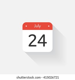 Calendar Icon with long shadow. Flat style. Date,day and month. Reminder. Vector illustration. Organizer application, app symbol. Ui. User interface sign. July. 24