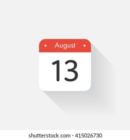 Calendar Icon with long shadow. Flat style. Date,day and month. Reminder. Vector illustration. Organizer application, app symbol. Ui. User interface sign. August. 13
