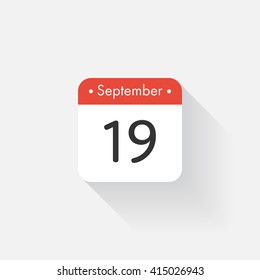 Calendar Icon with long shadow. Flat style. Date,day and month. Reminder. Vector illustration. Organizer application, app symbol. Ui. User interface sign. September. 19