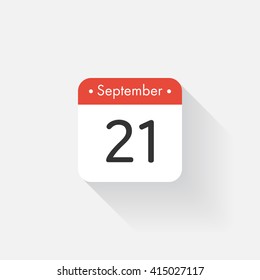 Calendar Icon with long shadow. Flat style. Date,day and month. Reminder. Vector illustration. Organizer application, app symbol. Ui. User interface sign. September. 21