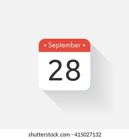 Calendar Icon with long shadow. Flat style. Date,day and month. Reminder. Vector illustration. Organizer application, app symbol. Ui. User interface sign. September. 28