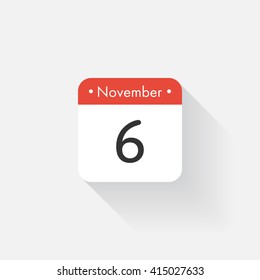Calendar Icon with long shadow. Flat style. Date,day and month. Reminder. Vector illustration. Organizer application, app symbol. Ui. User interface sign. November. 6